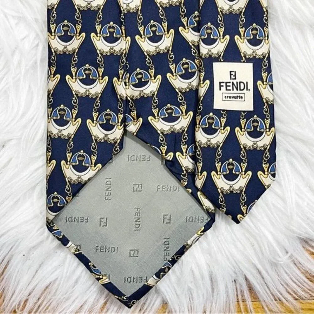 FENDI Tie Men's Classic 100% Silk Blue‎ Gold One Size